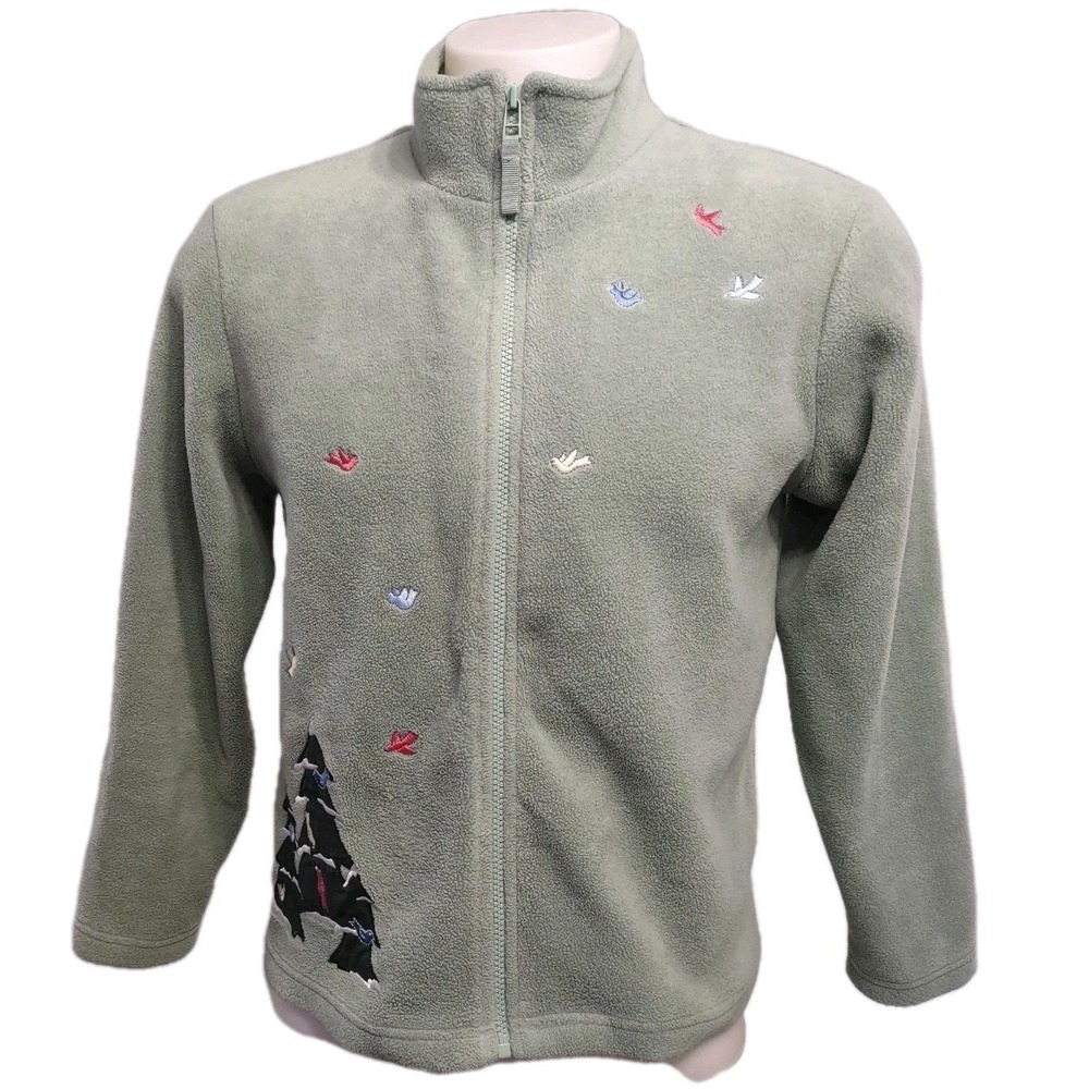 Christopher & Banks Fleece Jacket M Women Y2K Cabin Core Green Embroidered Birds